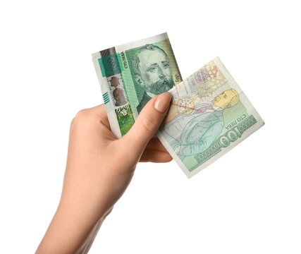 Female hand holding Bulgarian lev banknotes on white background