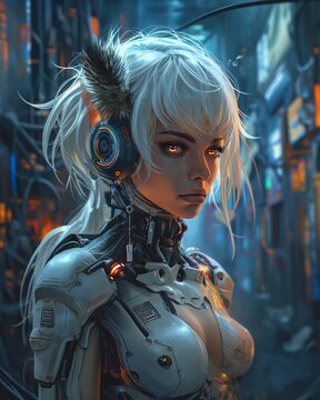 A cute cyborg futuristic emo girl in a underground city with log buildings at night with elf ears and long white blonde hair, tech female uwu style a gothic style portrait, AI generated.