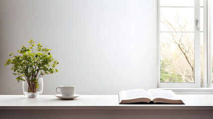 Book on a table with a plant near by