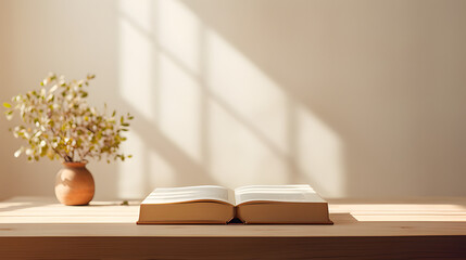 Fototapeta premium Book on a table with a plant near by