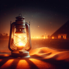 A lantern is lit up in the dark