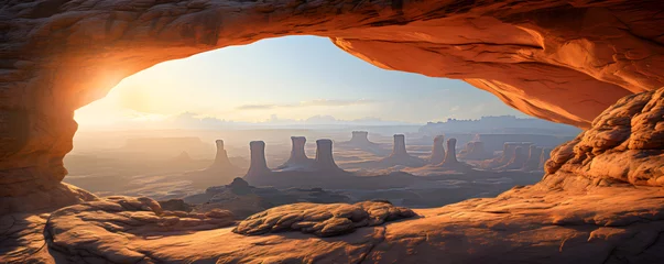 Photo sur Plexiglas Brun A panoramic view of a sunrise framed by the iconic Mesa Arch in Canyonlands National Park