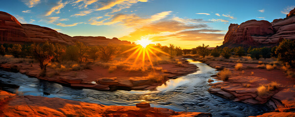 A panoramic view of a sunrise framed by the iconic Mesa Arch in Canyonlands National Park