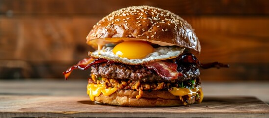 Burger with cheese, bacon, and egg on wooden backdrop.