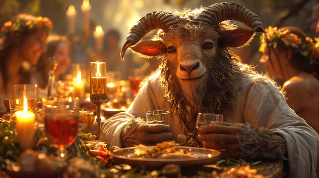 A smiling mythical faun at the dinner table