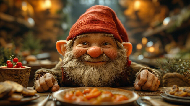A smiling mythical gnome at the dinner table
