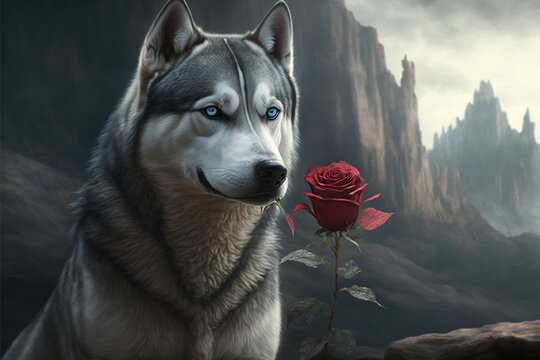 Husky with red rose