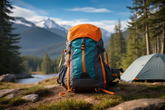 Mountain Camping Adventure with Tourist Tent in Nature, Hiking, and Leisure