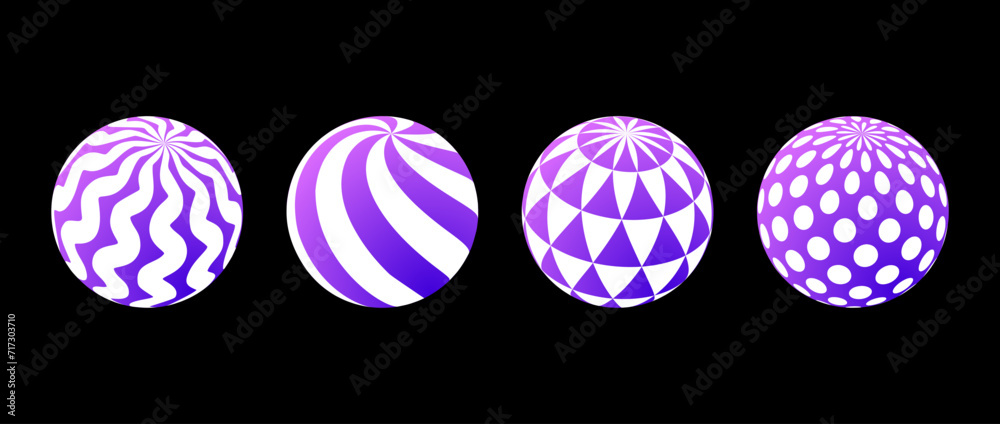 Poster collection of spheres with different patterns. striped, dotted and waved 3d balls set. white and pur