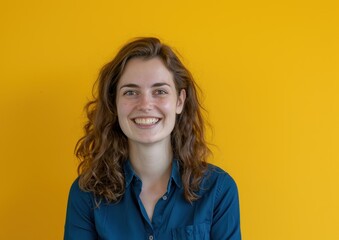 Fototapeta premium Happy Woman Yellow Background. Generative AI.