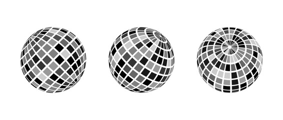 Black disco ball set. Collection of shining spheres in different angles. Turning music globe or planet bundle. Mirror ball element pack for poster, banner, music cover, party. Vector illustration