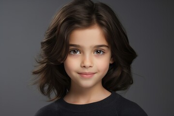 portrait of a cute little girl with long hair on a gray background