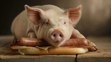 Pig And A Sausage Beyond the Plate: Advocating for Animal Rights in a Single Image. - obrazy, fototapety, plakaty