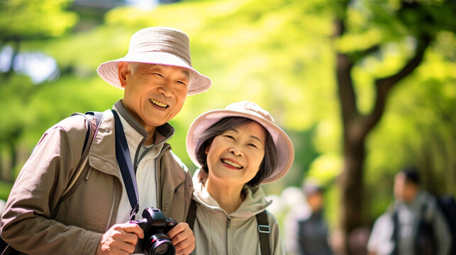 シニアと笑顔、元気で健康な日本人夫婦