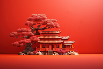 3D render of a Japanese temple with a red tree, Ai Generated