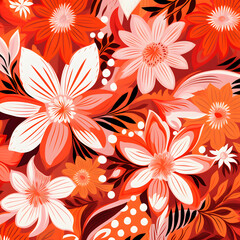 A colorful flower pattern with many different colored flowers. The flowers are arranged in a way that creates a sense of depth and movement. Scene is cheerful and vibrant