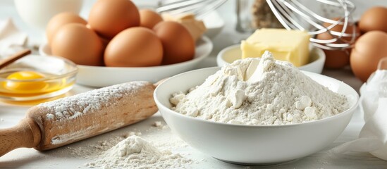 Fototapeta premium Ingredients and accessories for homemade baking including flour, sugar, eggs, butter, bowl, whisk, and rolling pin on a white kitchen table.