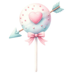 Pastel Valentine Heart Shaped Cake Pop and Arrow, Watercolor Sweet Dessert, Isolated on Transparent Background. Generative AI