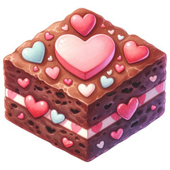 Valentine Fudgy Brownie with Hearts , Watercolor Sweet Dessert, Isolated on Transparent Background. Generative AI