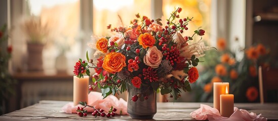 Autumn bouquet with orange and red flowers and berries, arranged in a vintage vase on a wooden table, accompanied by pink tissue and candles. - obrazy, fototapety, plakaty
