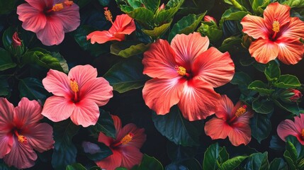 Obraz premium Vivid hibiscus flowers in a tropical garden, generative ai