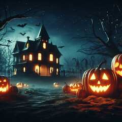 Halloween background with scary pumpkin candles in the graveyard