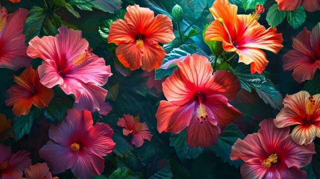 Vivid hibiscus flowers in a tropical garden, generative ai