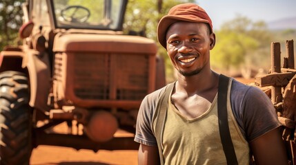 African young male farmer standing next to the tractor 