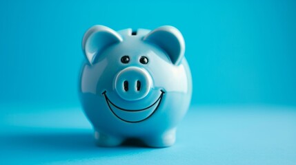 Blue piggy bank with a playful smile, on a vibrant blue background. generative ai