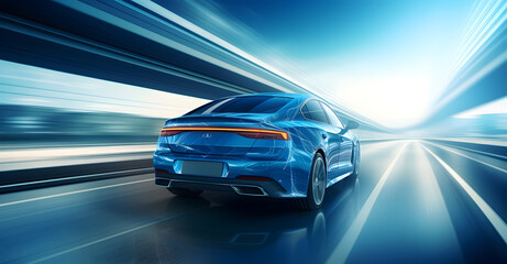 A blue car is driving down a highway. The car is moving fast and is surrounded by a blur of blue. The car is the main focus of the image, and it is in motion - obrazy, fototapety, plakaty