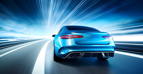 A blue car is driving down a highway. The car is moving fast and is surrounded by a blur of blue. The car is the main focus of the image, and it is in motion