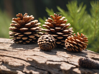 a group of pine cones on a log - generated by ai