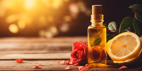 A bottle of essential oil, by blooming pink roses and fresh lemon halves, set against a warm, bokeh light background - obrazy, fototapety, plakaty