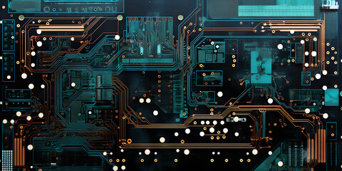 Fototapeta premium Close-up an electronic circuit board with intricate pathways illuminated in blue, the complex connectivity of modern technology