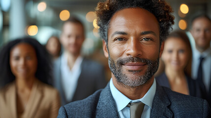 Smiling and confident CEO - close-up shot - business leader - blurred background  - obrazy, fototapety, plakaty