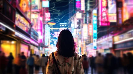 Foto op Aluminium 夜のネオン街を歩く若い女性の後ろ姿 © Hanasaki