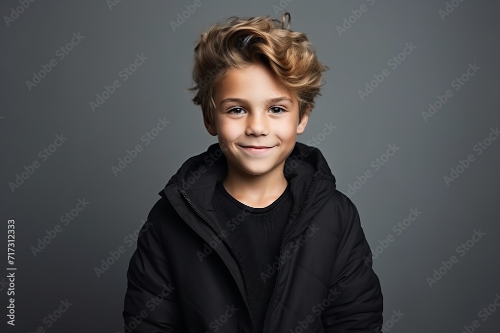 Wall mural Portrait of a cute little boy in a black jacket. Studio shot.