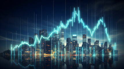 Economic Pulse: The glowing lines of financial graphs with the illuminated skyline of a modern city, symbolize the bustling activity of the economy