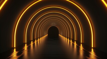Rounded curve golden line dark tunnel of lights 