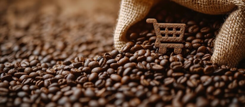 Coffee beans packaging with shopping cart logo, symbolizing online shopping and delivery service for import-export trade.