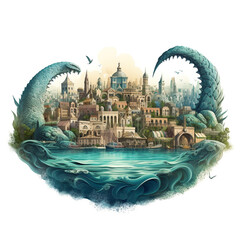 A city built on the back of a giant sea serpent, with its scales forming the streets and buildings illustration isolated on a white background