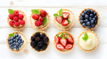 Assorted Berry Tartlets: Vibrant Colors and Delectable Textures on a Light Wooden Table