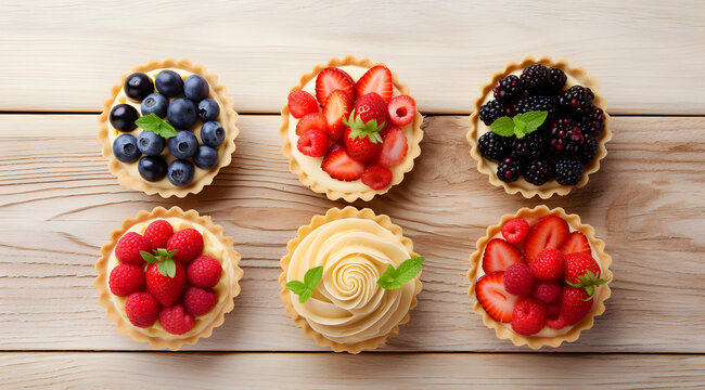 Assorted Berry Tartlets: Vibrant Colors and Delectable Textures on a Light Wooden Table
