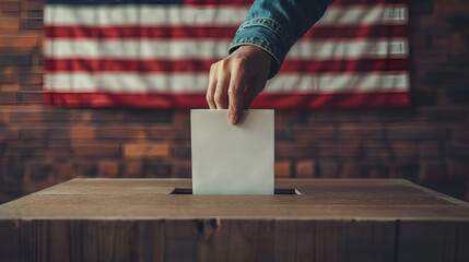 Election - ballot being placed in ballot box - American flag background - patriotic - poll - voting - votes - campaign - politician  - obrazy, fototapety, plakaty