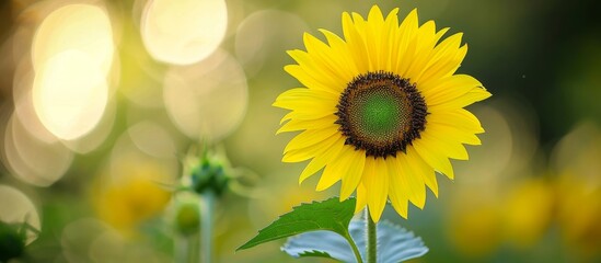 Obraz premium Selective focus on a lovely single yellow Teddy Bear Sunflower (Helianthus annuus) in close-up.