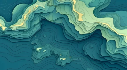 Fotobehang Cerulean Artistic Topographical Ocean Map Stylized Sea Depth Illustration, A topographical map, varying depths and land elevations of a marine landscape in multiple shades of blue © MAJGraphics