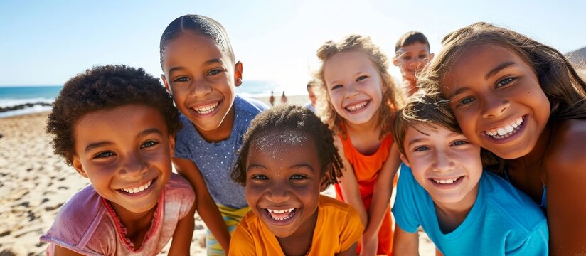 Diverse group of children happily enjoy summer vacation at the beach.