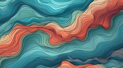 Cerulean Artistic Topographical Ocean Map Stylized Sea Depth Illustration, A topographical map, varying depths and land elevations of a marine landscape in multiple shades of blue - obrazy, fototapety, plakaty