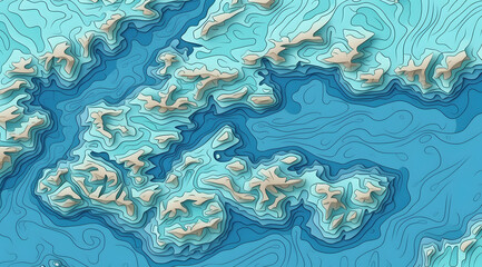 Fototapeta na wymiar Cerulean Artistic Topographical Ocean Map Stylized Sea Depth Illustration, A topographical map, varying depths and land elevations of a marine landscape in multiple shades of blue