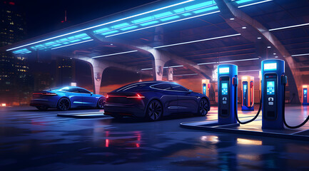 A Vision of Tomorrow's Automotive Infrastructure, futuristic electric vehicles charging station, the evolution of fueling in the context of modern, eco-friendly